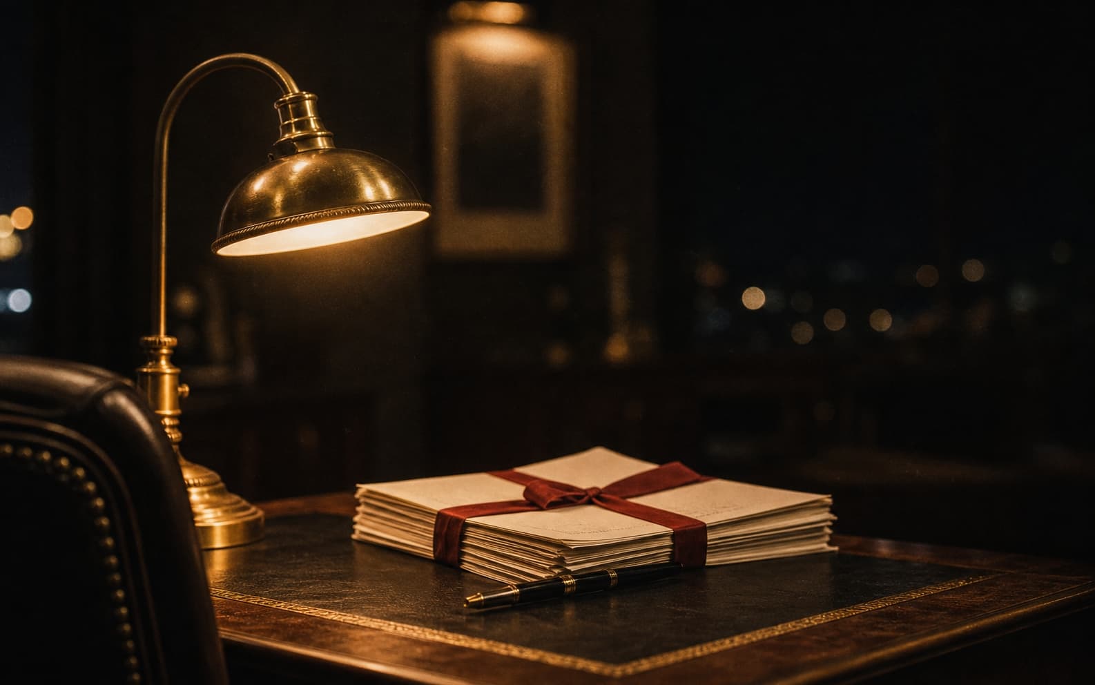 A lawyer's desk — lamp, documents, pen